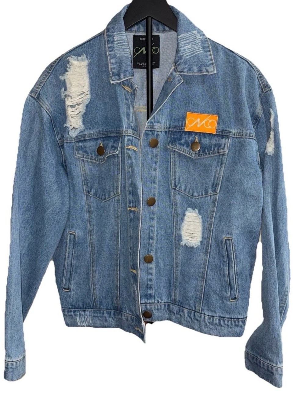 Rare Forever 21 x CNCO Distressed Denim Jacket Graphic Back Medium Wash Size M